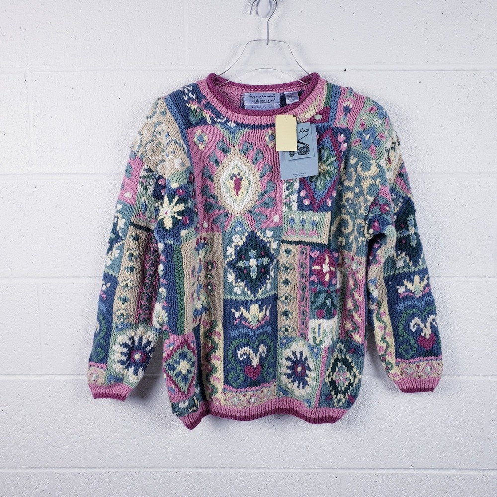 Signatures by Northern Isles Sweater Pink Blue Patchwork Floral Hand Knit Large‎